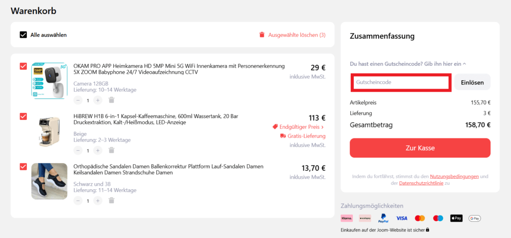 Joom Gutscheincode eingeben