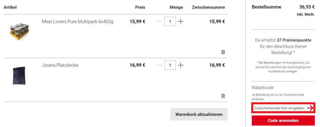 Josera Gutscheincode eingeben