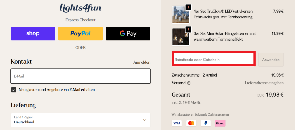 Lights4fun Rabattcode eingeben