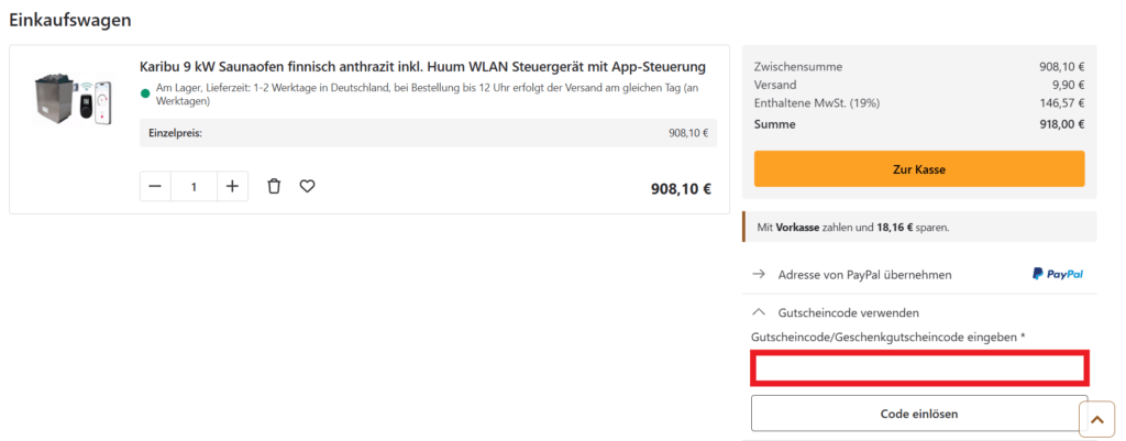 Mein Saunashop Gutscheincode eingeben