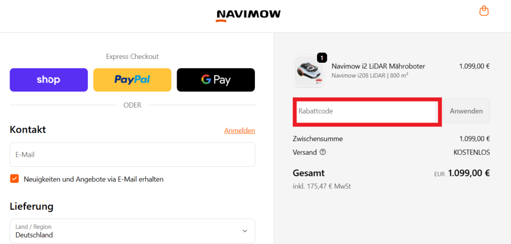 Navimow Rabattcode eingeben