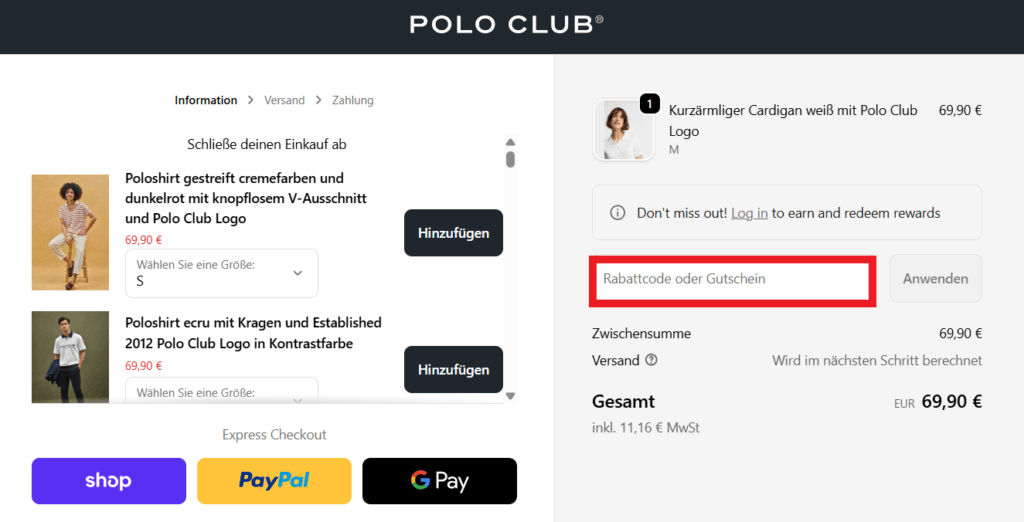 Polo Club Rabattcode eingeben