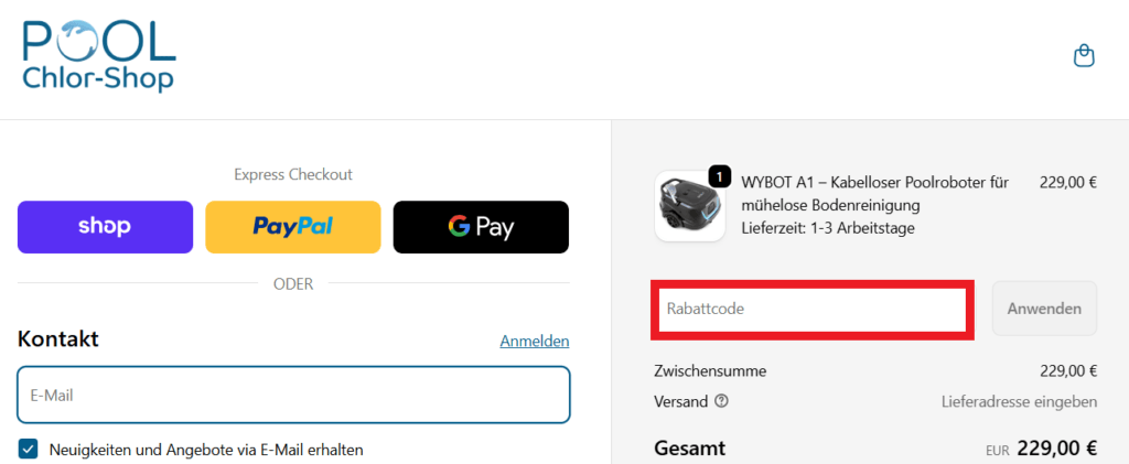 Pool Chlor Shop Rabattcode eingeben