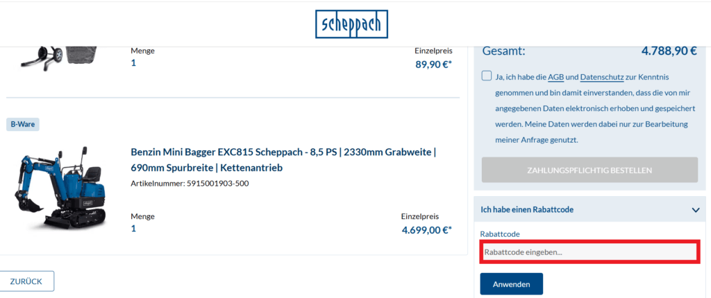 scheppach Rabattcode eingeben