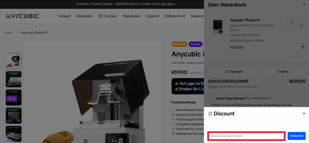 Anycubic Rabattcode eingeben