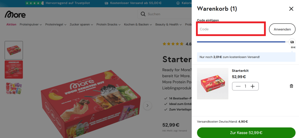 More Nutrition Code eingeben