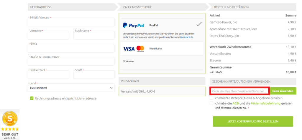 Spicebar Gutscheincode eingeben