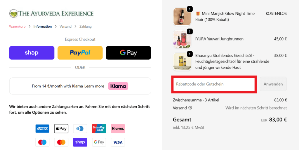 The Ayurveda Experience Rabattcode eingeben