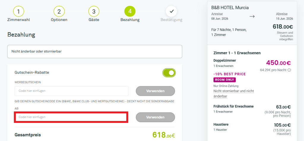 B und B Hotels Code eingeben