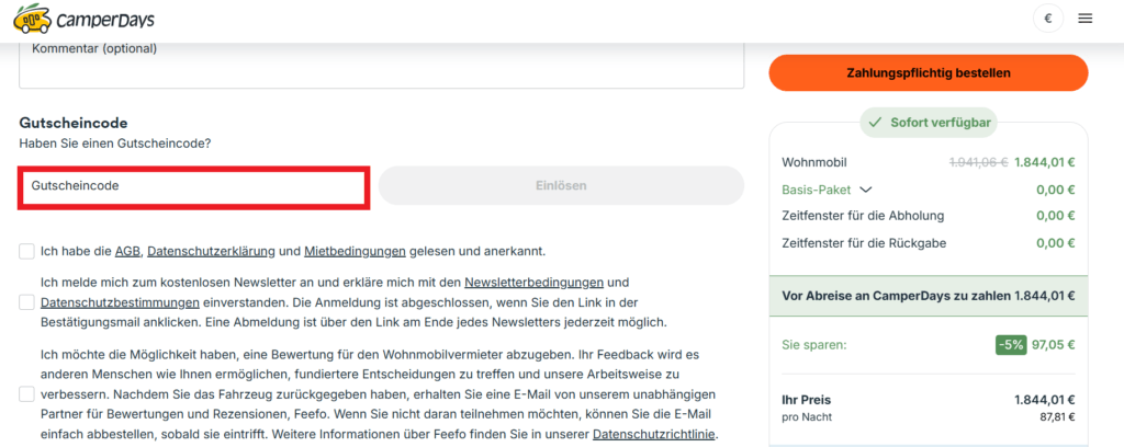 Camperdays Gutscheincode eingeben
