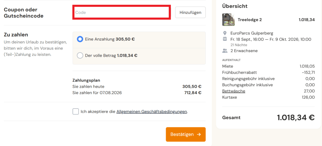 EuroParcs Gutscheincode eingeben