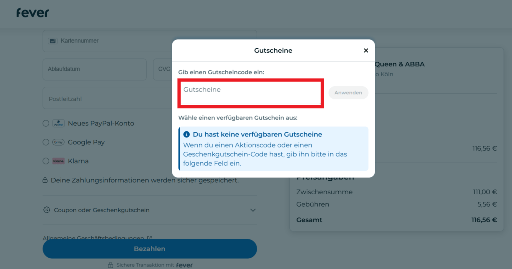 Fever Coupon eingeben