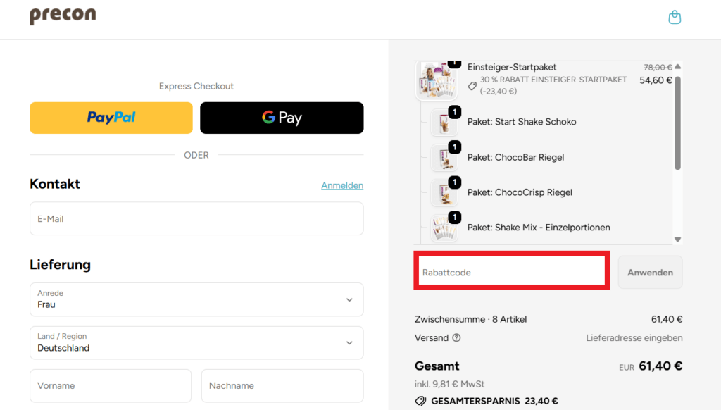 Precon Rabattcode eingeben