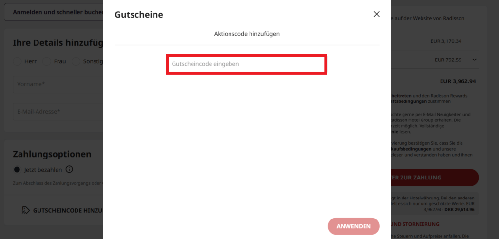 Radisson Aktionscode eingeben