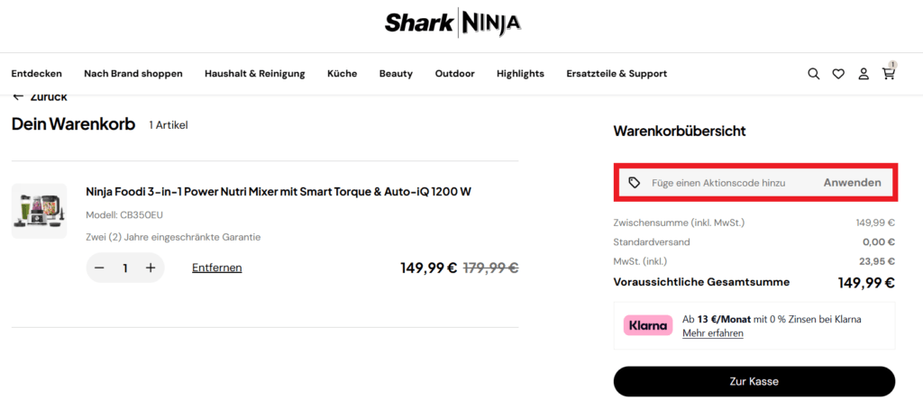 SharkNinja Aktionscode eingeben