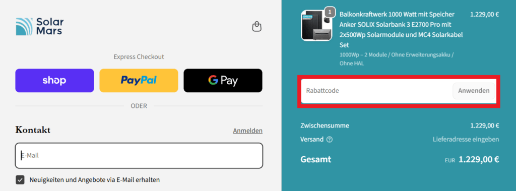SolarMars Rabattcode eingeben