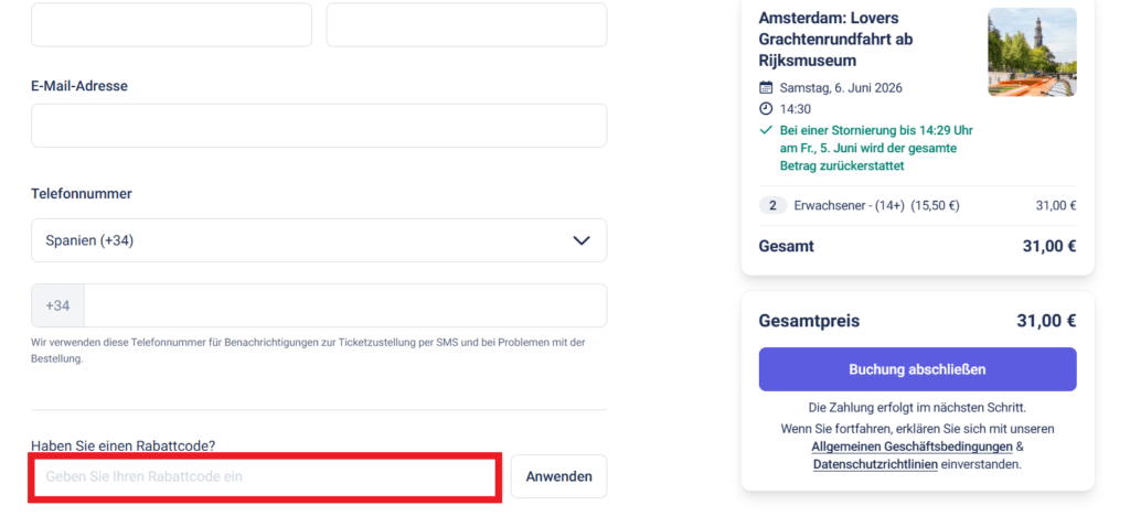 Tiqets Rabattcode eingeben