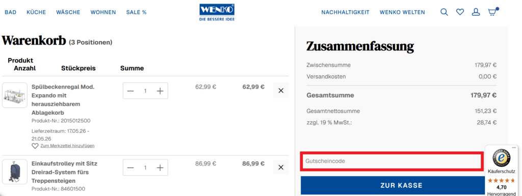 Wenko Gutscheincode eingeben