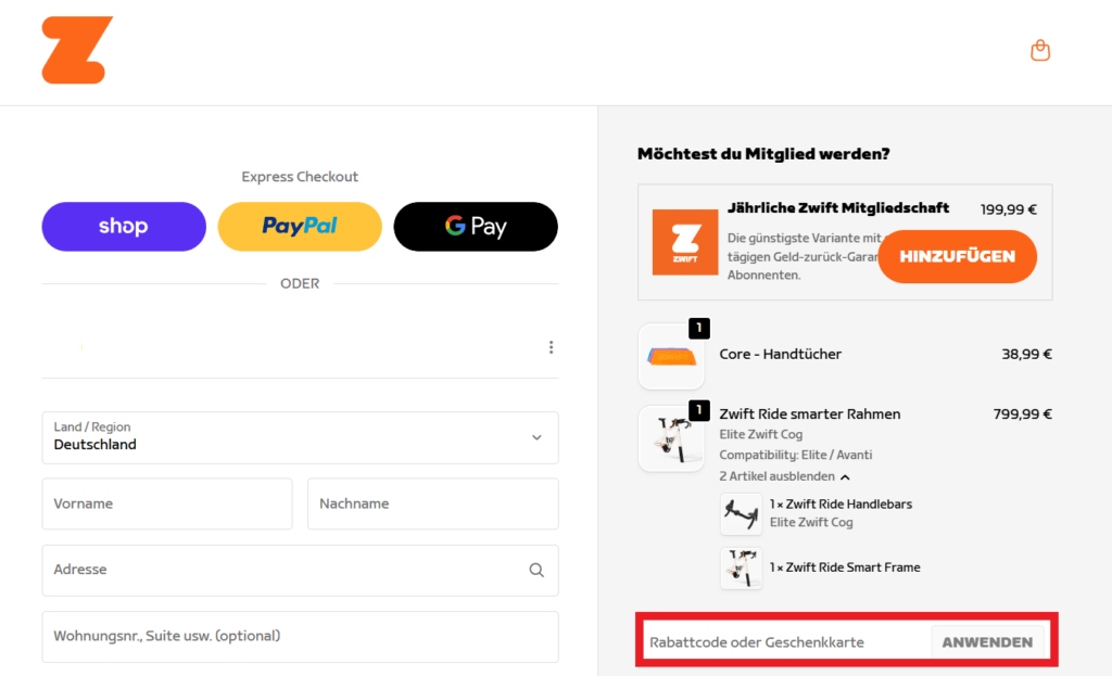Zwift Rabattcode eingeben