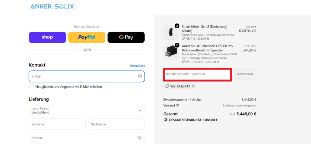 Anker SOLIX Rabattcode eingeben