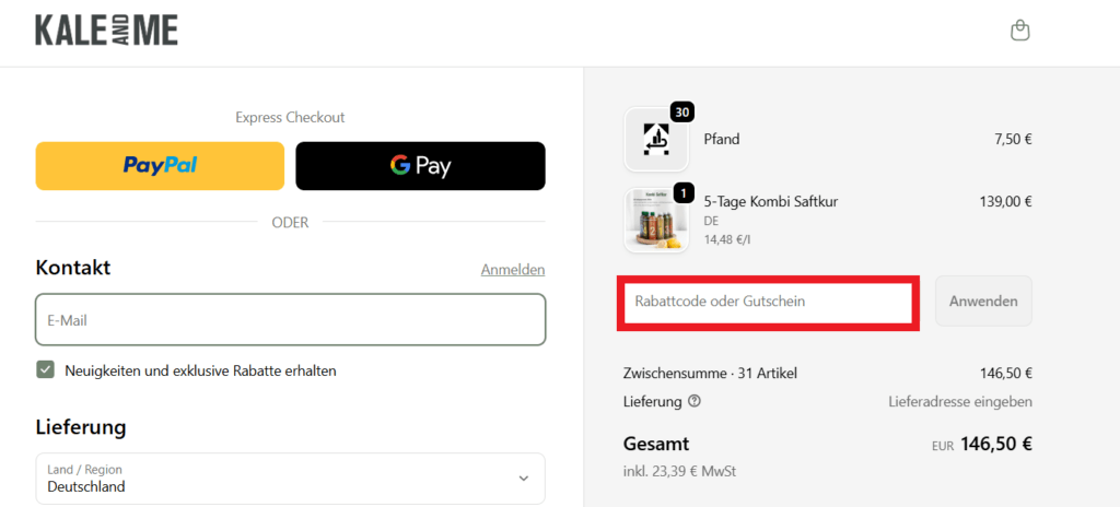 KaleandMe Rabattcode eingeben