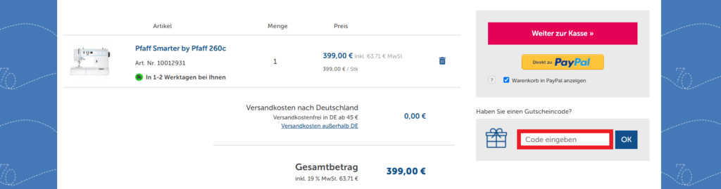 Naehwelt Flach Gutscheincode eingeben