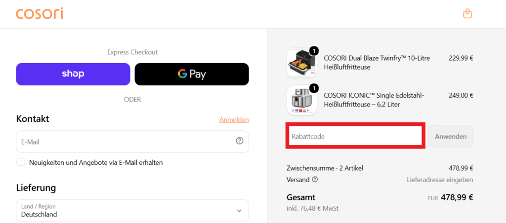 COSORI Rabattcode eingeben