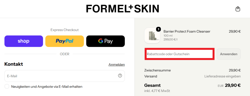 FORMEL Skin Rabattcode eingeben