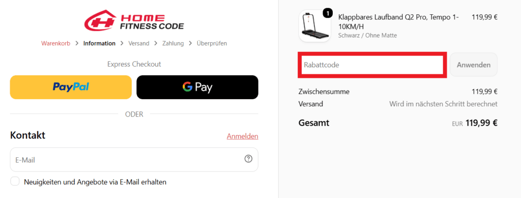 Homefitness-Code Rabattcode eingeben
