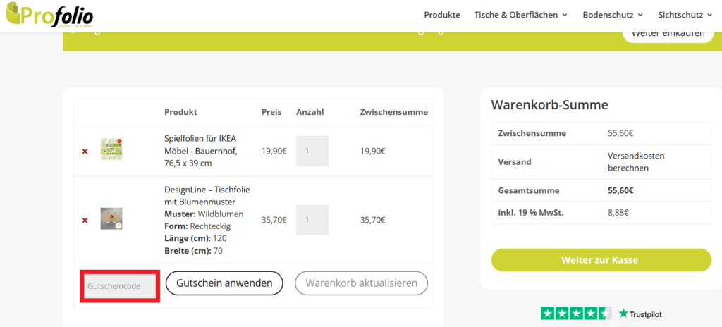 Profolio Gutscheincode einloesen