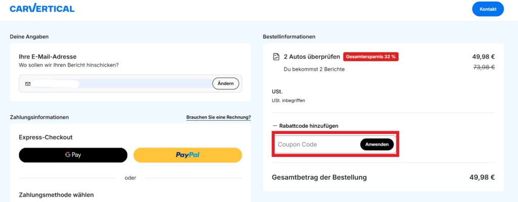carVertical Coupon Code eingeben